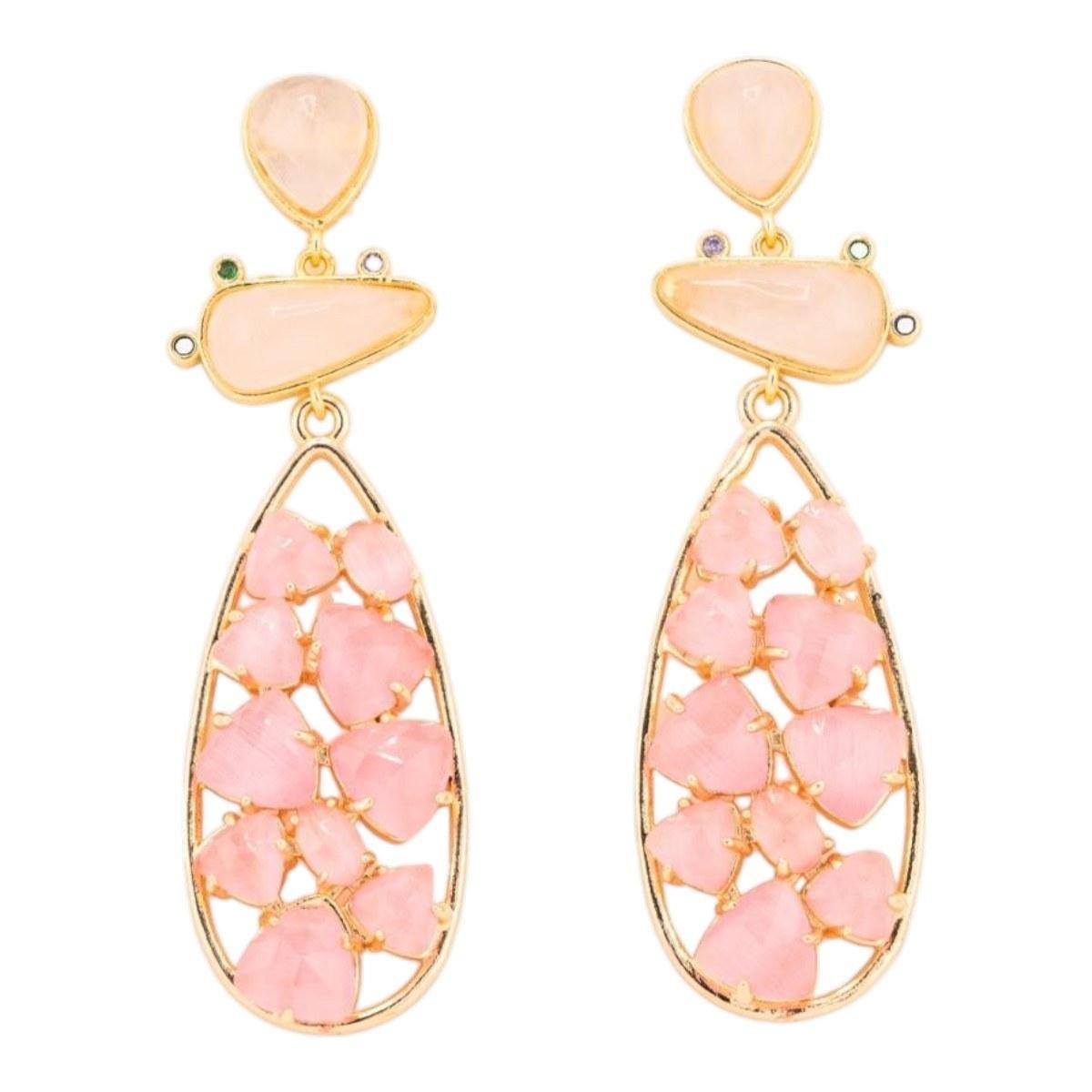 Orecchini in bronzo con pietre dure 21x65,5mm quarzo rosa e occhio di gatto rosa