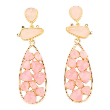 Orecchini in bronzo con pietre dure 21x65,5mm quarzo rosa e occhio di gatto rosa