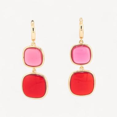 Orecchini di bronzo a perno con occhio di gatto doppio quadratino 22x60mm rosa e rosso trasparenti