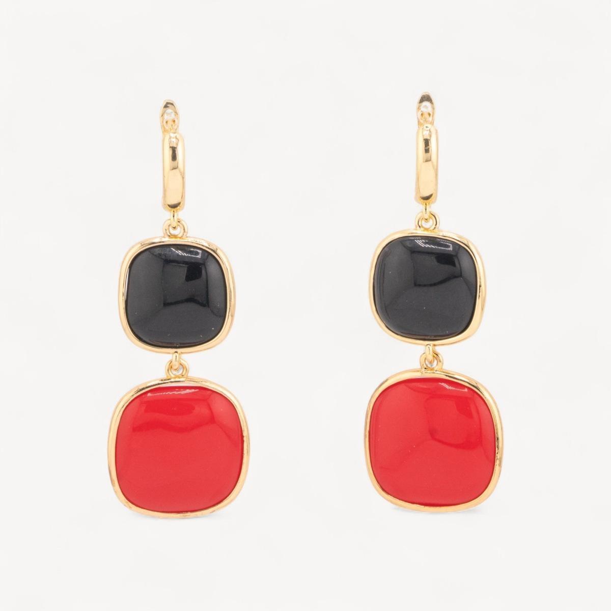 Orecchini di bronzo a perno con occhio di gatto doppio quadratino 22x60mm nero e rosso
