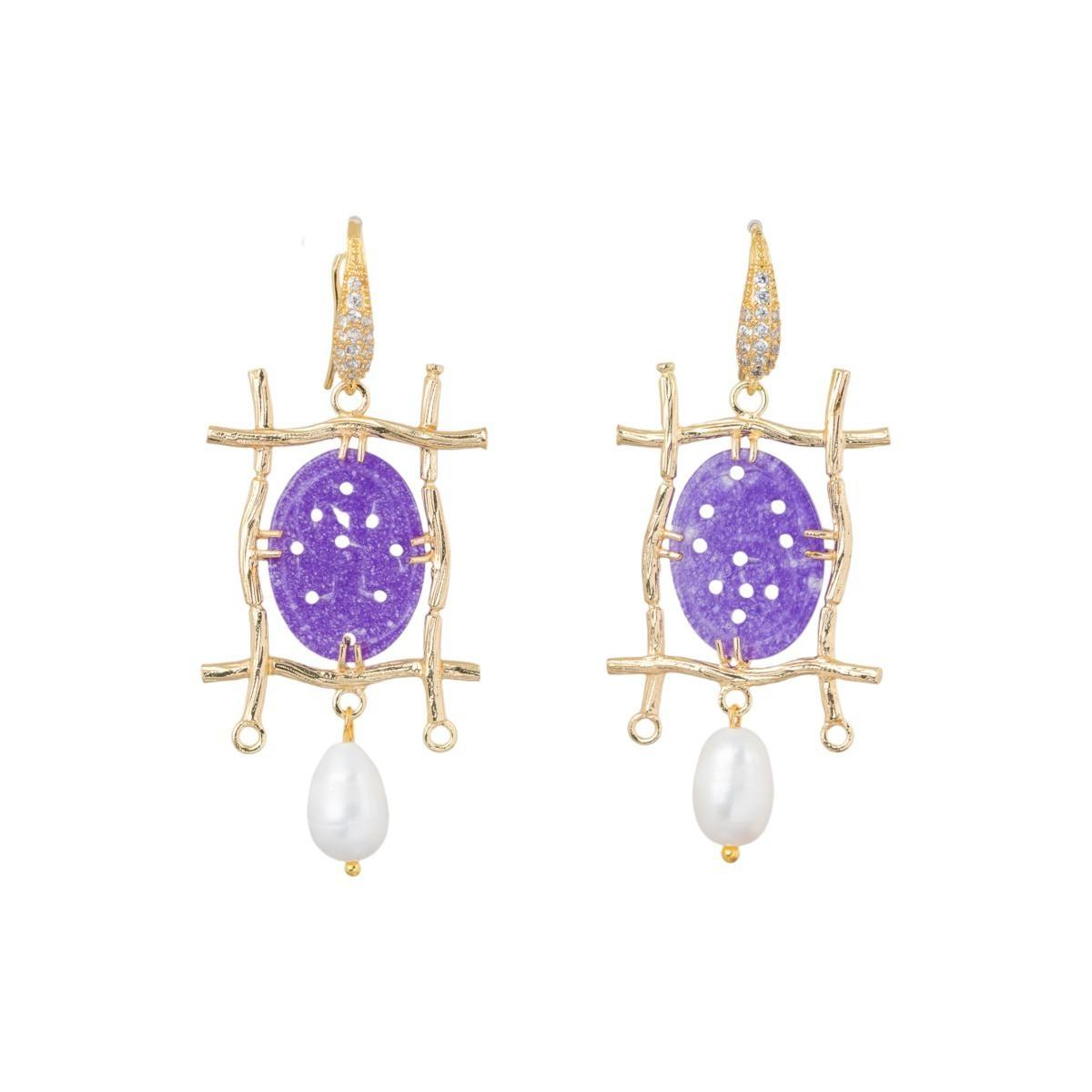 Orecchini a monachella di bronzo con strass e componente di giada burma con perle di fiume 27x60mm Viola