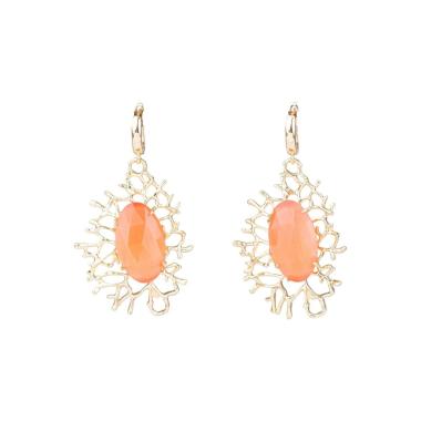Orecchini a monachella di bronzo con pendente a rametti con cabochon 35x63mm arancio