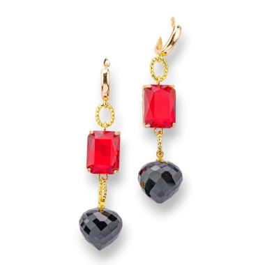 Orecchini a perno di bronzo con crystal cz 16x66mm dorato rosso nero