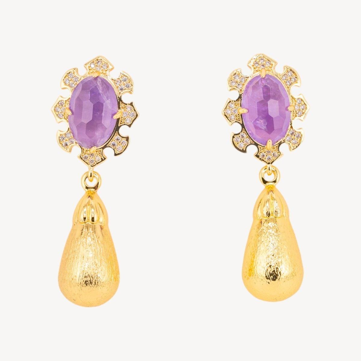 Orecchini bijoux in bronzo con pietre dure incastonate e gocce dorate ametista
