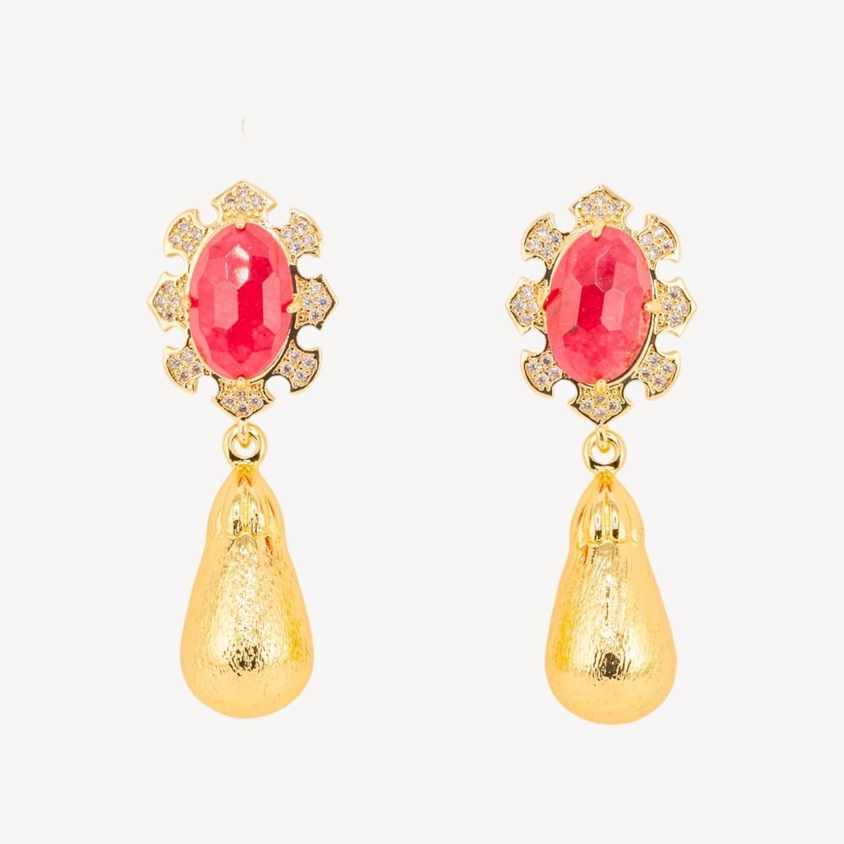 Orecchini bijoux in bronzo con pietre dure incastonate e gocce dorate giada rossa