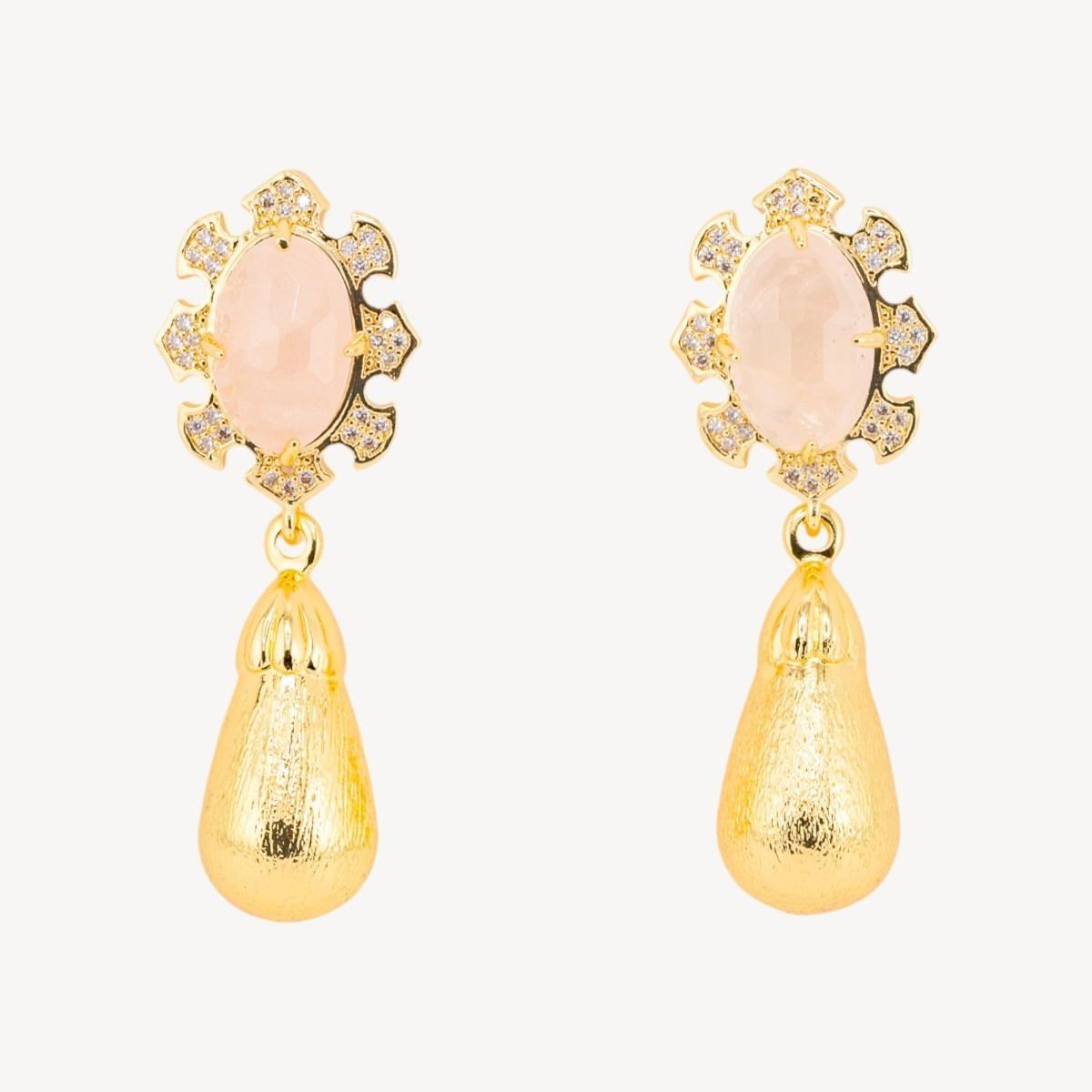 Orecchini bijoux in bronzo con pietre dure incastonate e gocce dorate quarzo rosa