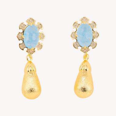 Orecchini bijoux in bronzo con pietre dure incastonate e gocce dorate giada celeste