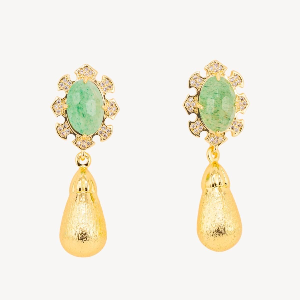 Orecchini bijoux in bronzo con pietre dure incastonate e gocce dorate avventurina verde