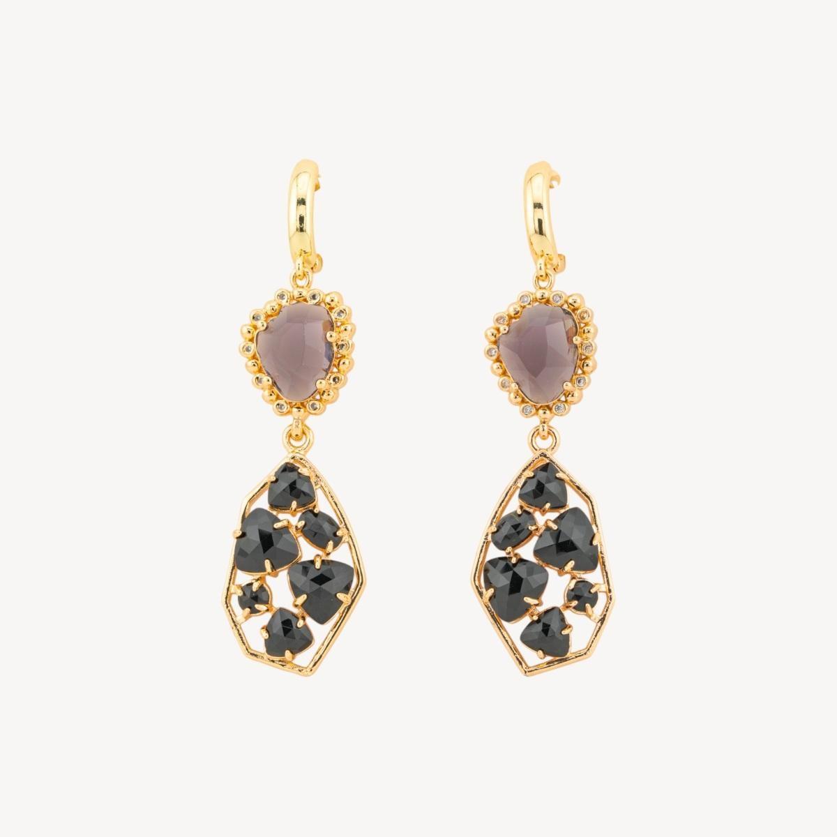 Orecchini a monachella chiusa di bronzo con cristalli cz e occhio di gatto 17x65mm viola nero