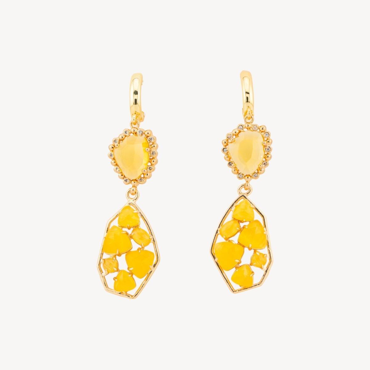 Orecchini a monachella chiusa di bronzo con cristalli cz e occhio di gatto 17x65mm giallo