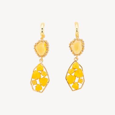 Orecchini a monachella chiusa di bronzo con cristalli cz e occhio di gatto 17x65mm giallo