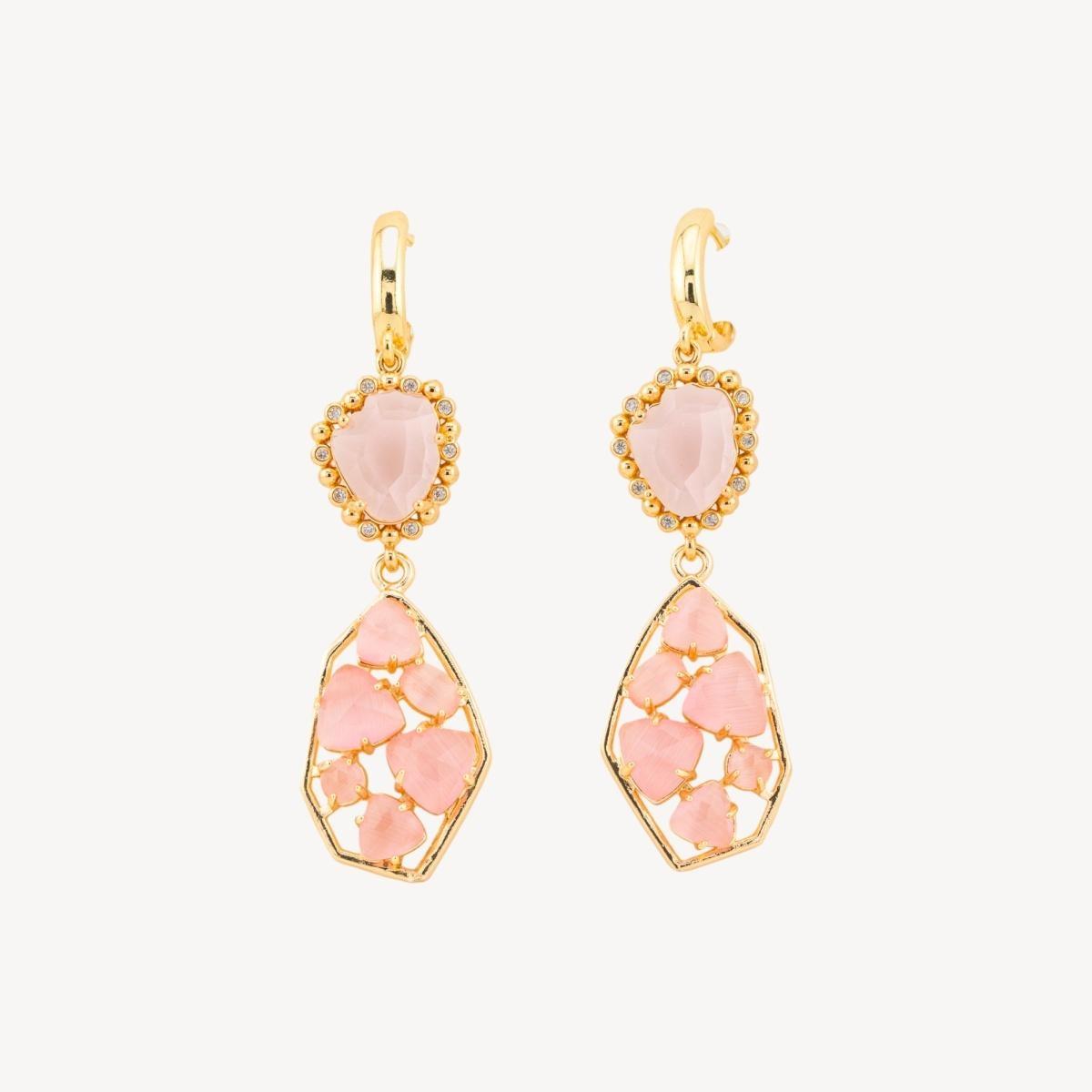 Orecchini a monachella chiusa di bronzo con cristalli cz e occhio di gatto 17x65mm rosa