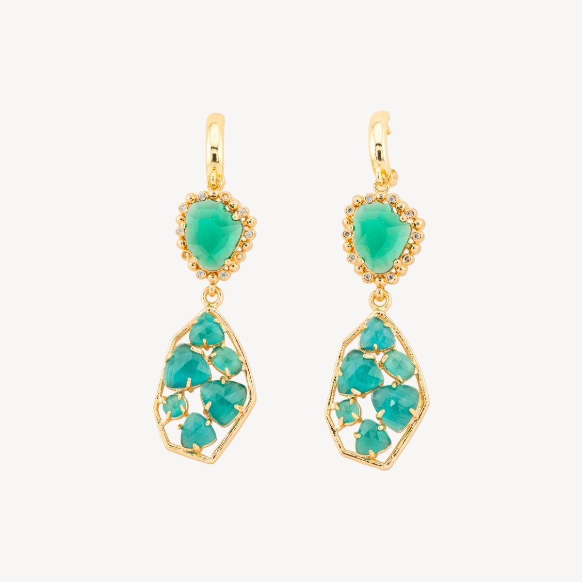 Orecchini a monachella chiusa di bronzo con cristalli cz e occhio di gatto 17x65mm verde smeraldo