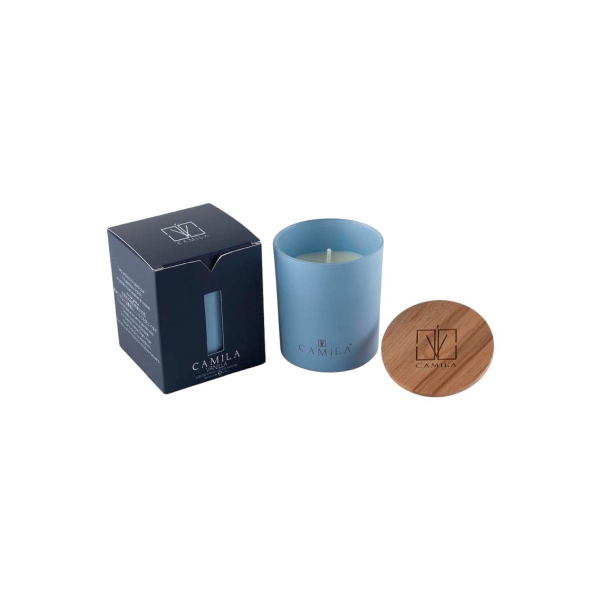Candela profumata Wood 140 gr. blu avio vaniglia 7,5 x h.8 cm Camila