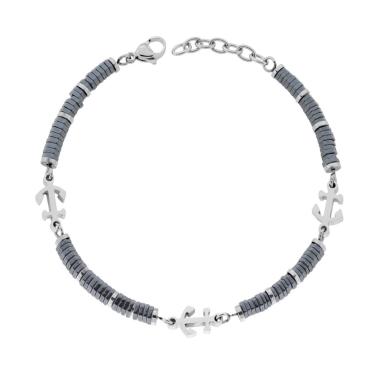 Bracciale Uomo Catena di Bulloncini in Ceramica Antracite e Ancore in ACCIAIO