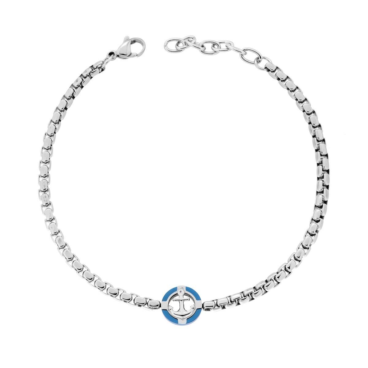 Bracciale Uomo Catena Veneziana Tonda con Tondo Blu e Ancora in ACCIAIO