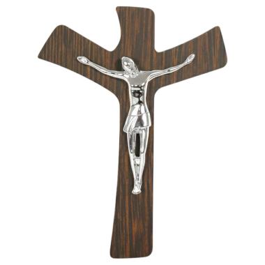 Cristo crocifisso stilizzato argento su croce in legno wengè 19x32 cm