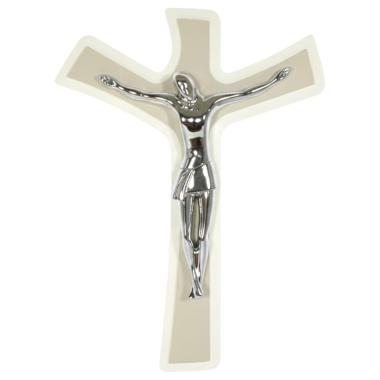 Cristo crocifisso stilizzato argento su croce in legno 19x32 bianco/tortora
