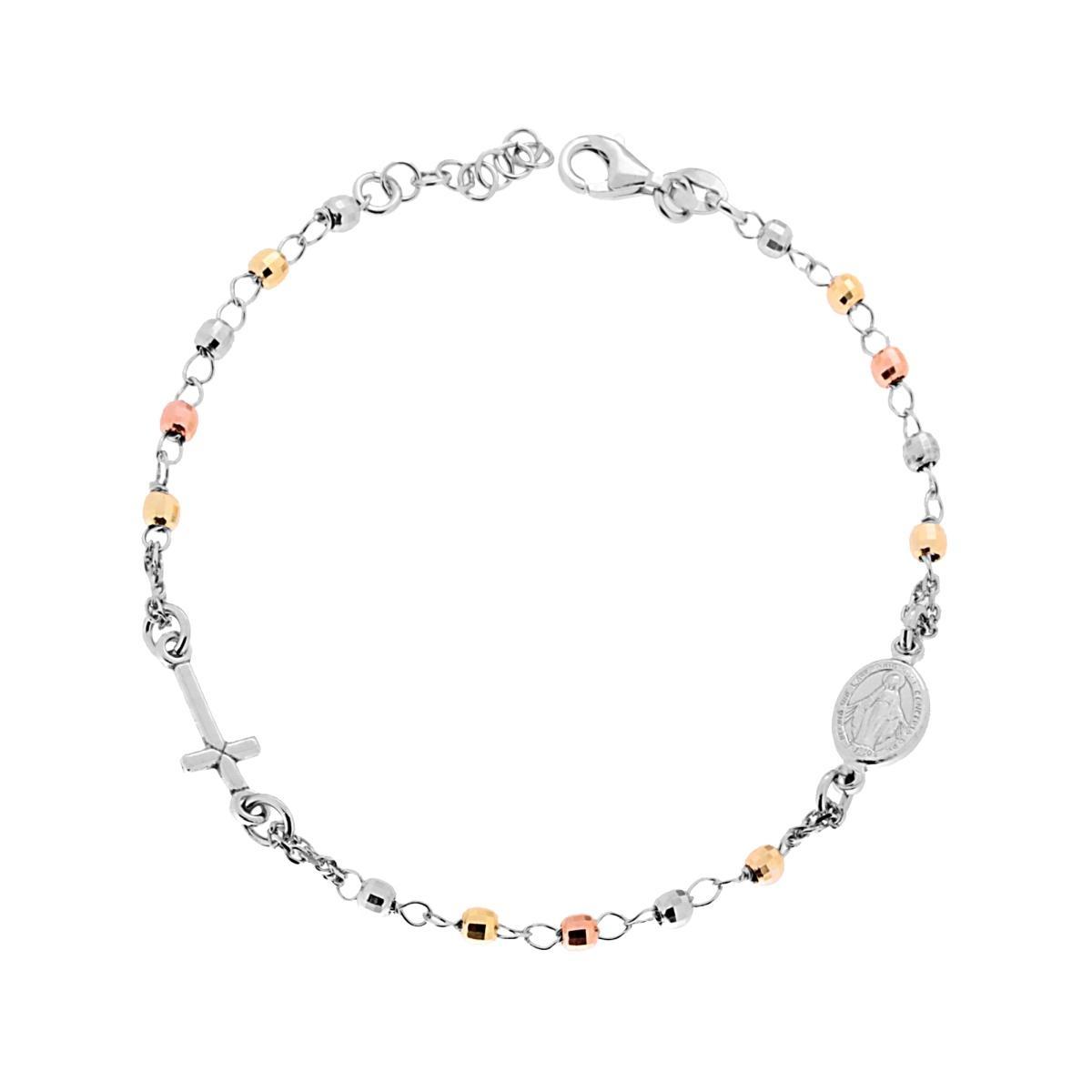 Bracciale Rosario cm 20 con Grani Sfaccettati mm 3 con Croce e Medaglia Madonna in ARGENTO 925 Galvanica Rodio Oro e Rosata
