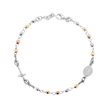 Bracciale Rosario cm 20 con Grani Sfaccettati mm 3 con Croce e Medaglia Madonna in ARGENTO 925 Galvanica Rodio Oro e Rosata