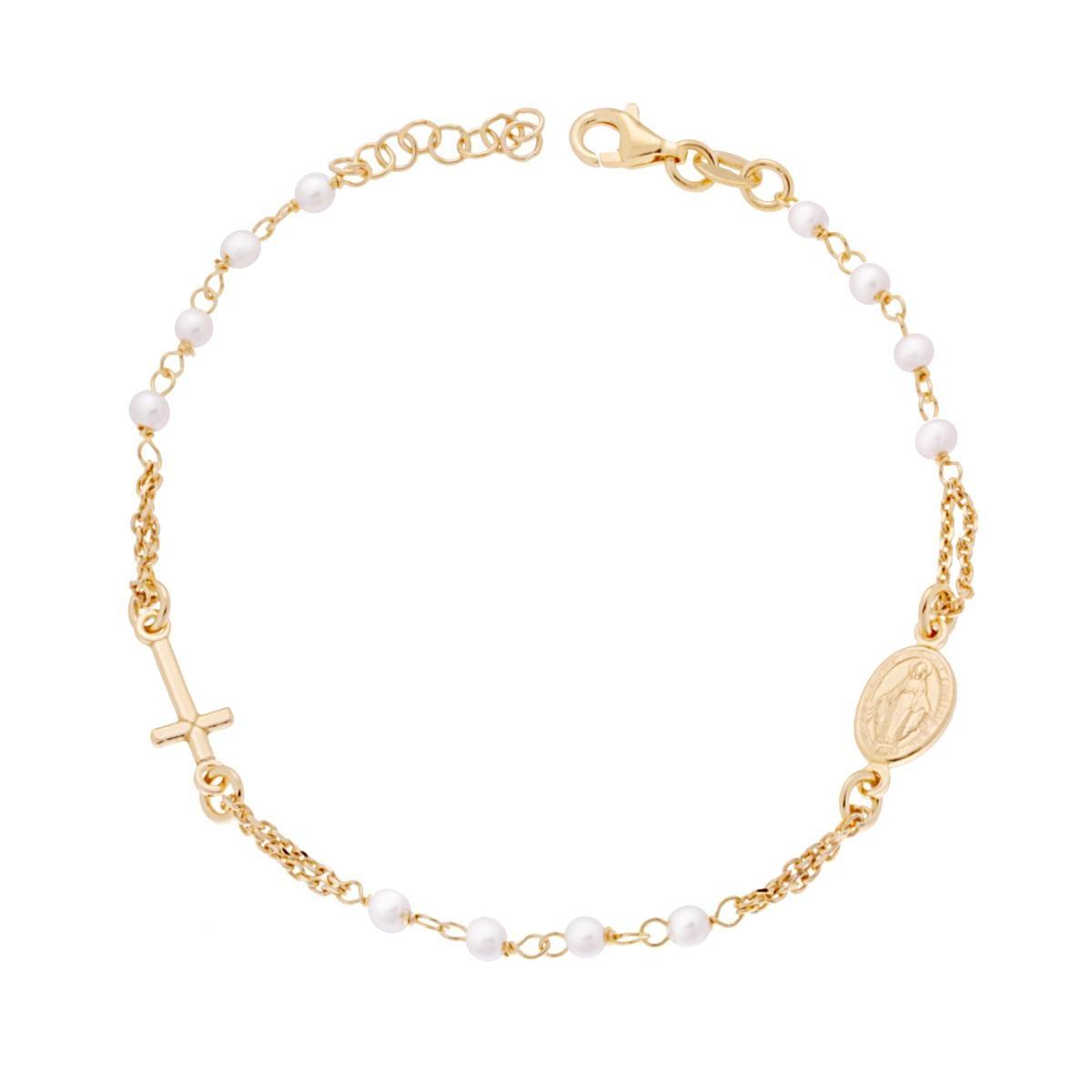 Bracciale Rosario cm 18 + 2 con Grani Perla mm 3 con Croce e Medaglia Madonna in ARGENTO 925 Galvanica Oro