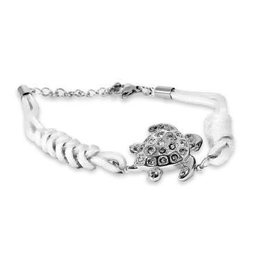 Bracciale con tartaruga in acciaio e corda bianca