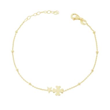 Bracciale Catena Forzatina con Quadrifoglio e Stella plain in ARGENTO 925 Galvanica Oro<BR>