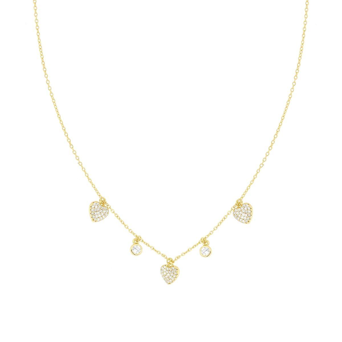 Collana Catena Forzatina Diamantata con Cuori e Cubic Zirconia Bianchi in ARGENTO 925 Galvanica Oro<BR>