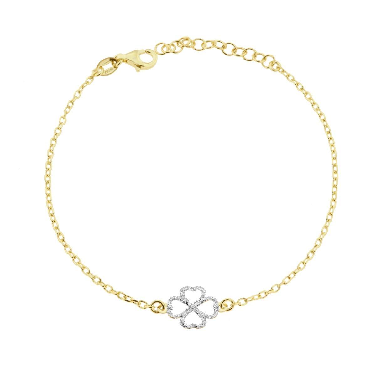 Bracciale Catena Forzatina Diamantata con Quadrifoglio Glitter in ARGENTO 925 Galvanica Oro