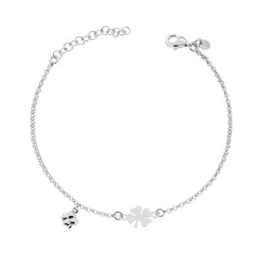 Bracciale Catena Rolo Diamantata con Quadrifogli in ARGENTO 925 Galvanica Rodio<BR>