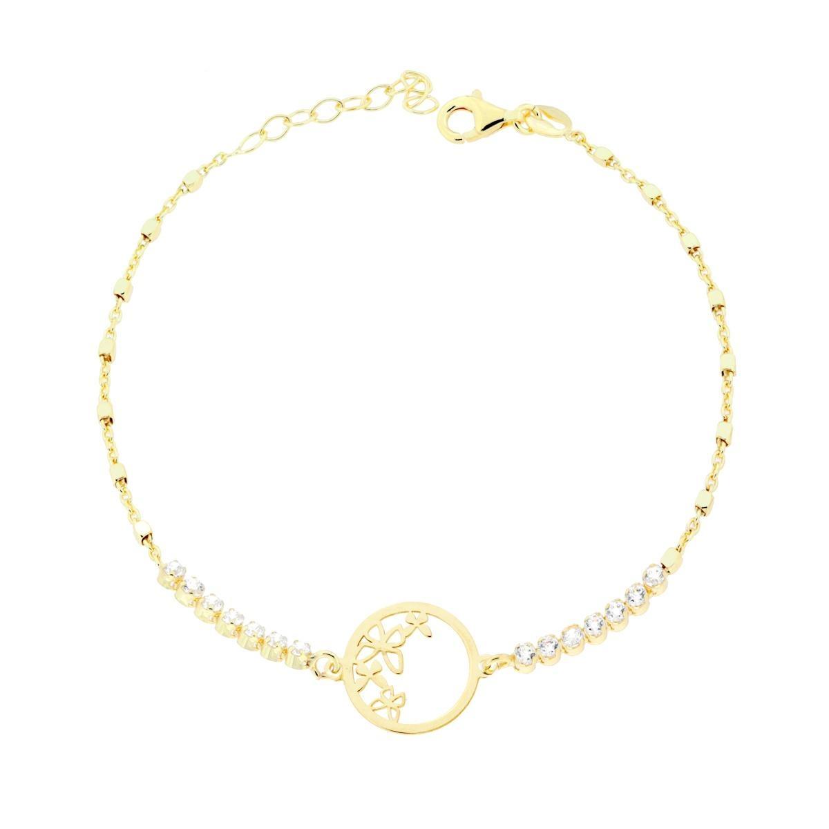 Bracciale Catena Forzatina con Cubetti Tennis Cubic Zirconia Bianchi e Faralle in ARGENTO 925 Galvanica Oro<BR>
