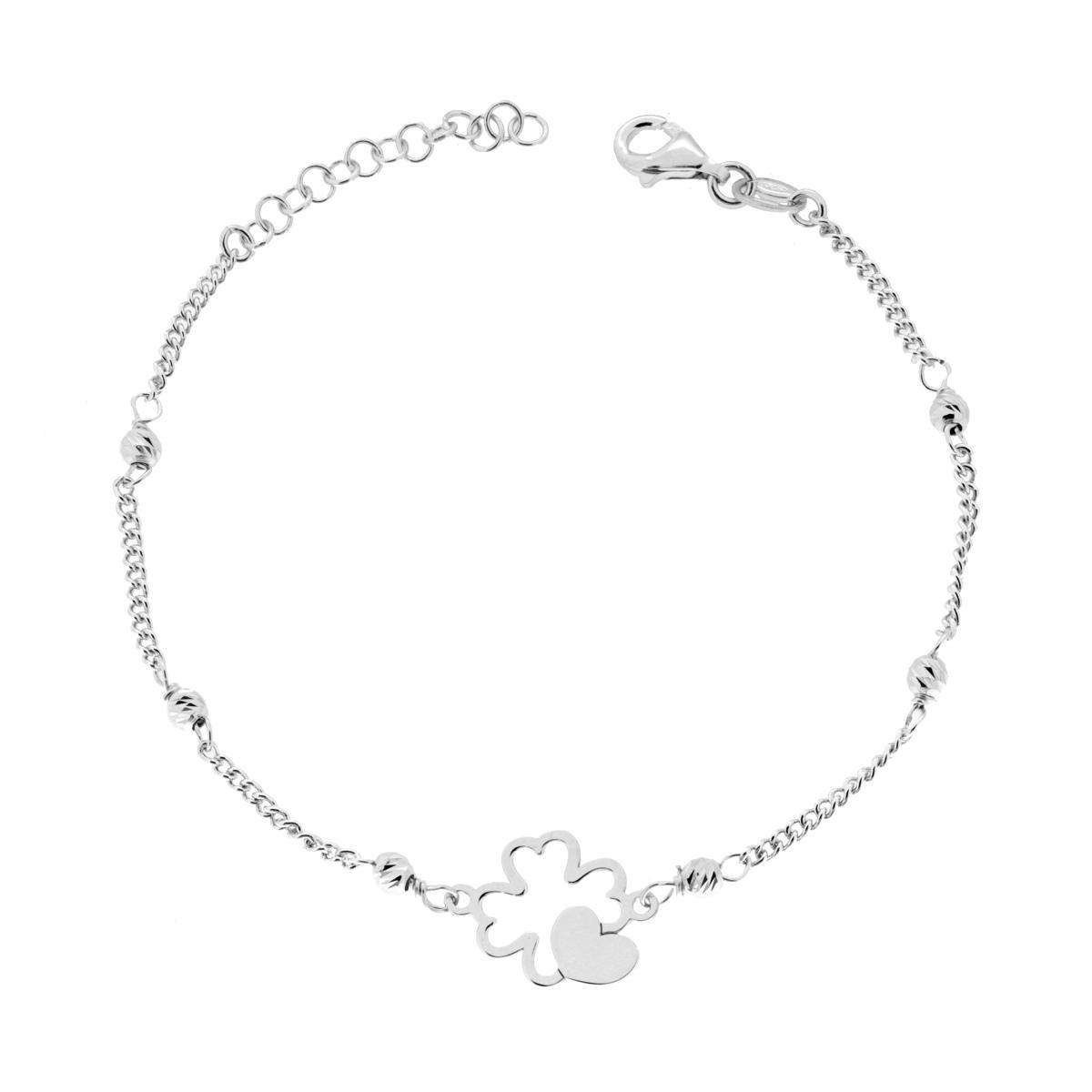 Bracciale Catena Grumetta con Palline Slash Quadrifoglio e Cuore in ARGENTO 925 Galvanica Rodio<BR>