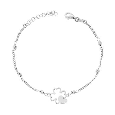 Bracciale Catena Grumetta con Palline Slash Quadrifoglio e Cuore in ARGENTO 925 Galvanica Rodio<BR>