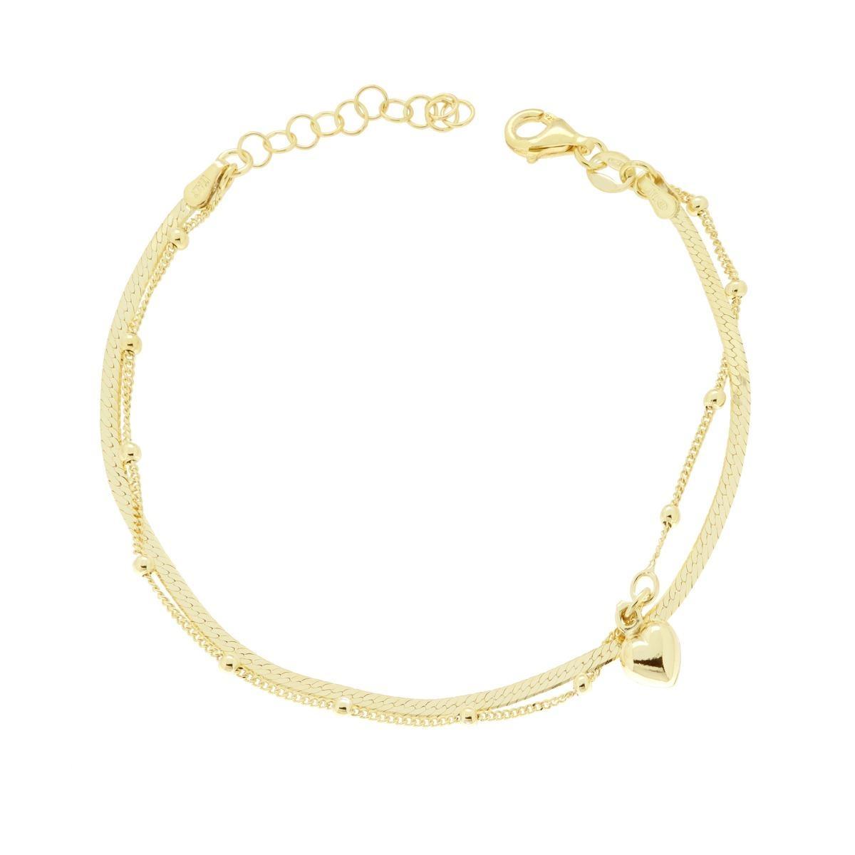 Bracciale due fili Catena Magik e Grumetta con Palline e Cuore in ARGENTO 925 Galvanica Oro<BR>