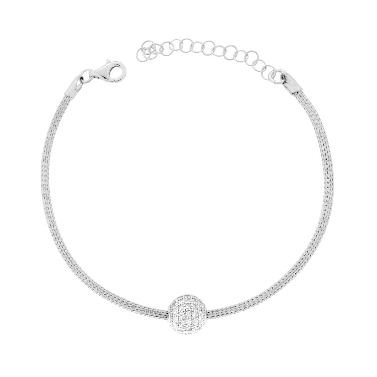 Bracciale Catena Calza con Sfera e Cubic Zirconia Bianchi in ARGENTO 925 Galvanica Rodio
