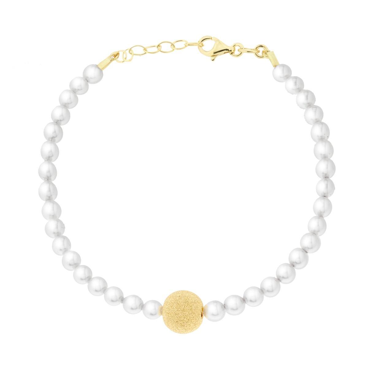 Bracciale Perle Bianche con Pallina Diamantata in ARGENTO 925 Galvanica Oro<BR>