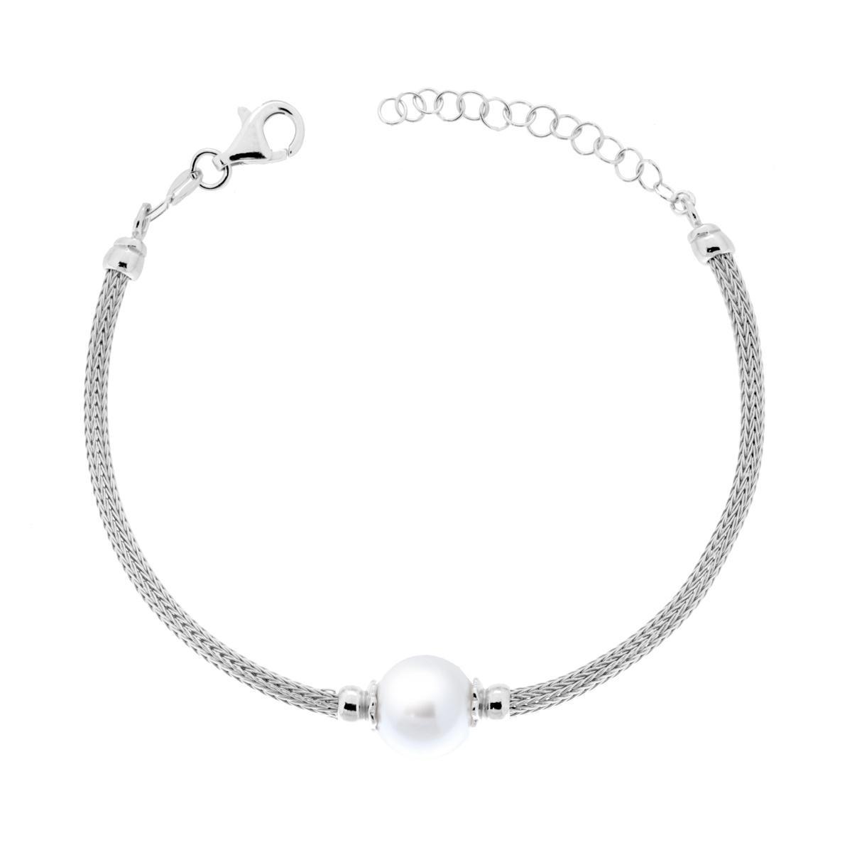 Bracciale Catena Calza con Perla mm 10 in ARGENTO 925 Galvanica Rodio<BR>