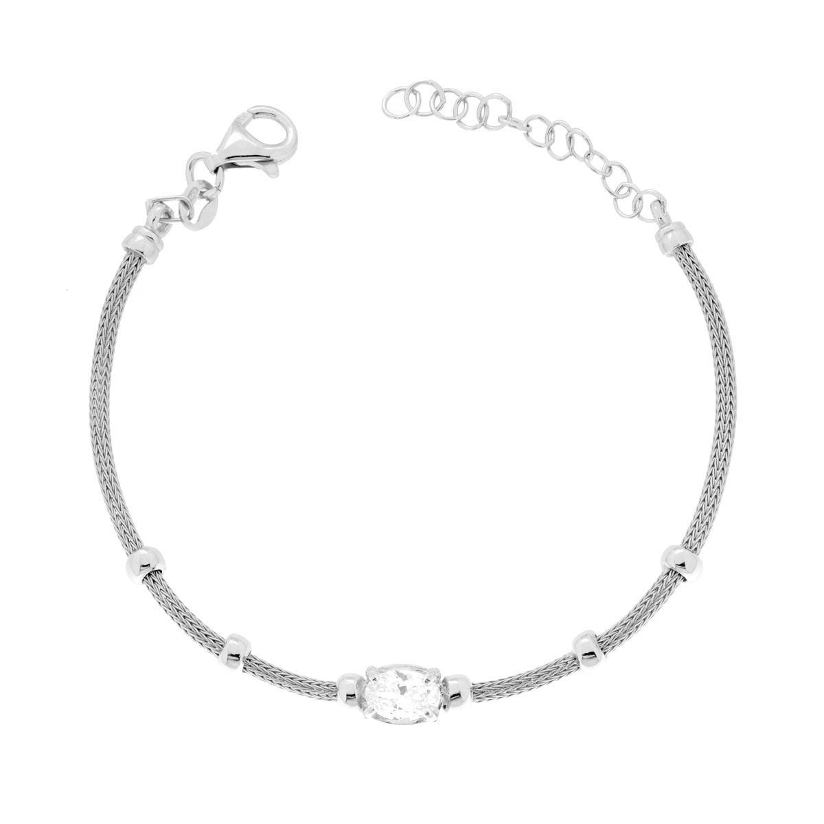 Bracciale Catena Calza con Ovale Cubic Zirconia Bianco e Palline in ARGENTO 925 Galvanica Rodio<BR>