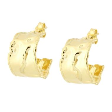 Orecchini Cerchio Fascia Martellata in ARGENTO 925 Galvanica Oro<BR>