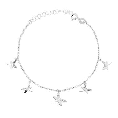 Bracciale Catena Forzatina Diamantata con Libellule pendenti in ARGENTO 925 Galvanica Rodio<BR>