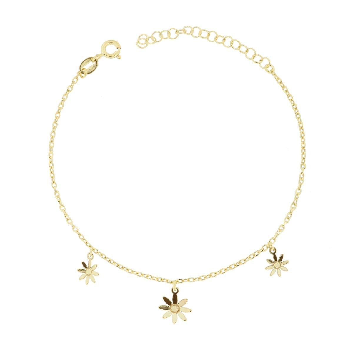 Bracciale Catena Forzatina Diamantata con Fiori pendenti in ARGENTO 925 Galvanica Oro<BR>