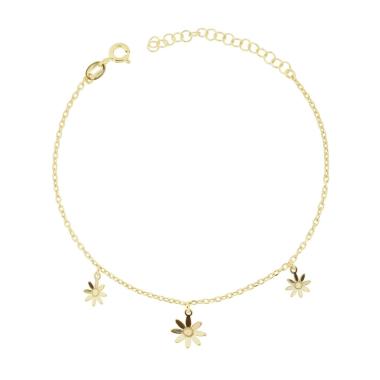 Bracciale Catena Forzatina Diamantata con Fiori pendenti in ARGENTO 925 Galvanica Oro<BR>