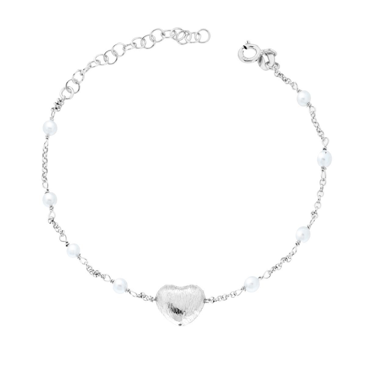 Bracciale Catena Forzatina con Cuore Bombato Spazzolato e Perle in ARGENTO 925 Galvanica Rodio<BR>