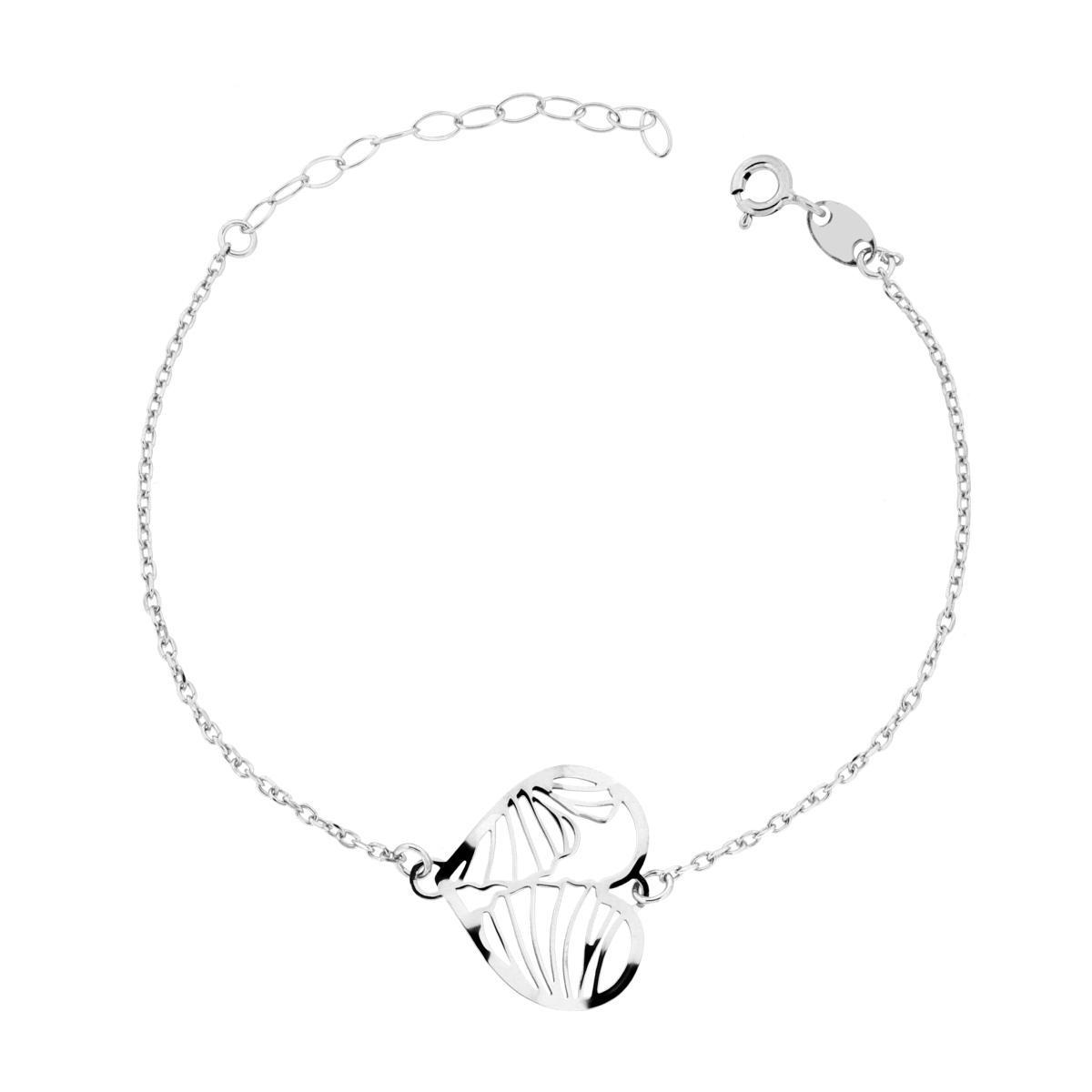 Bracciale Catena Forzatina Diamantata con Cuore Foglia in ARGENTO 925 Galvanica Rodio<BR>