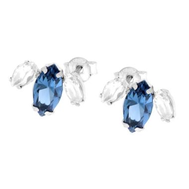 Orecchini Punto Luce Marquise Cubic Zirconia Blu Zaffiro e Bianco in ARGENTO 925 Galvanica Rodio<BR>