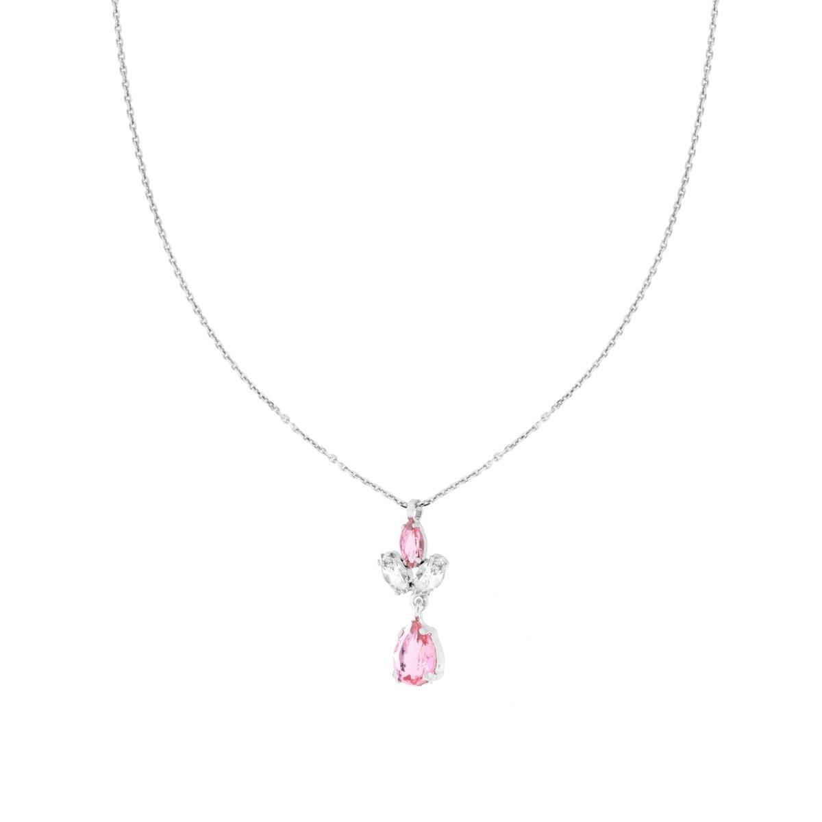 Collana Catena Forzatina Diamantata con Punto Luce pendente Marquise e Goccia Cubic Zirconia Bianco e Rosa in ARGENTO 925 Galvanica Rodio<BR>