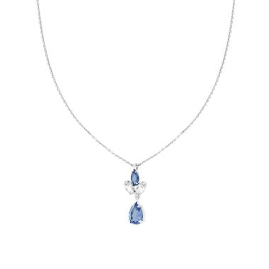 Collana Catena Forzatina Diamantata con Punto Luce pendente Marquise e Goccia Cubic Zirconia Bianco e Blu Zaffiro in ARGENTO 925 Galvanica Rodio