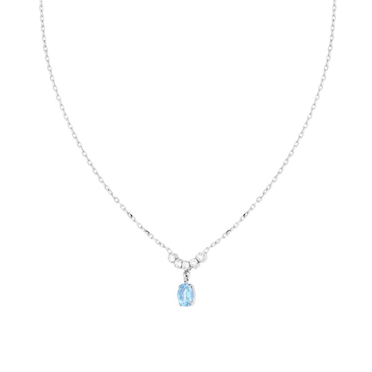 Collana Catena Forzatina Diamantata con Diadema Bianco e Pendente Ovale Acquamarina in ARGENTO 925 Galvanica Rodio<BR>
