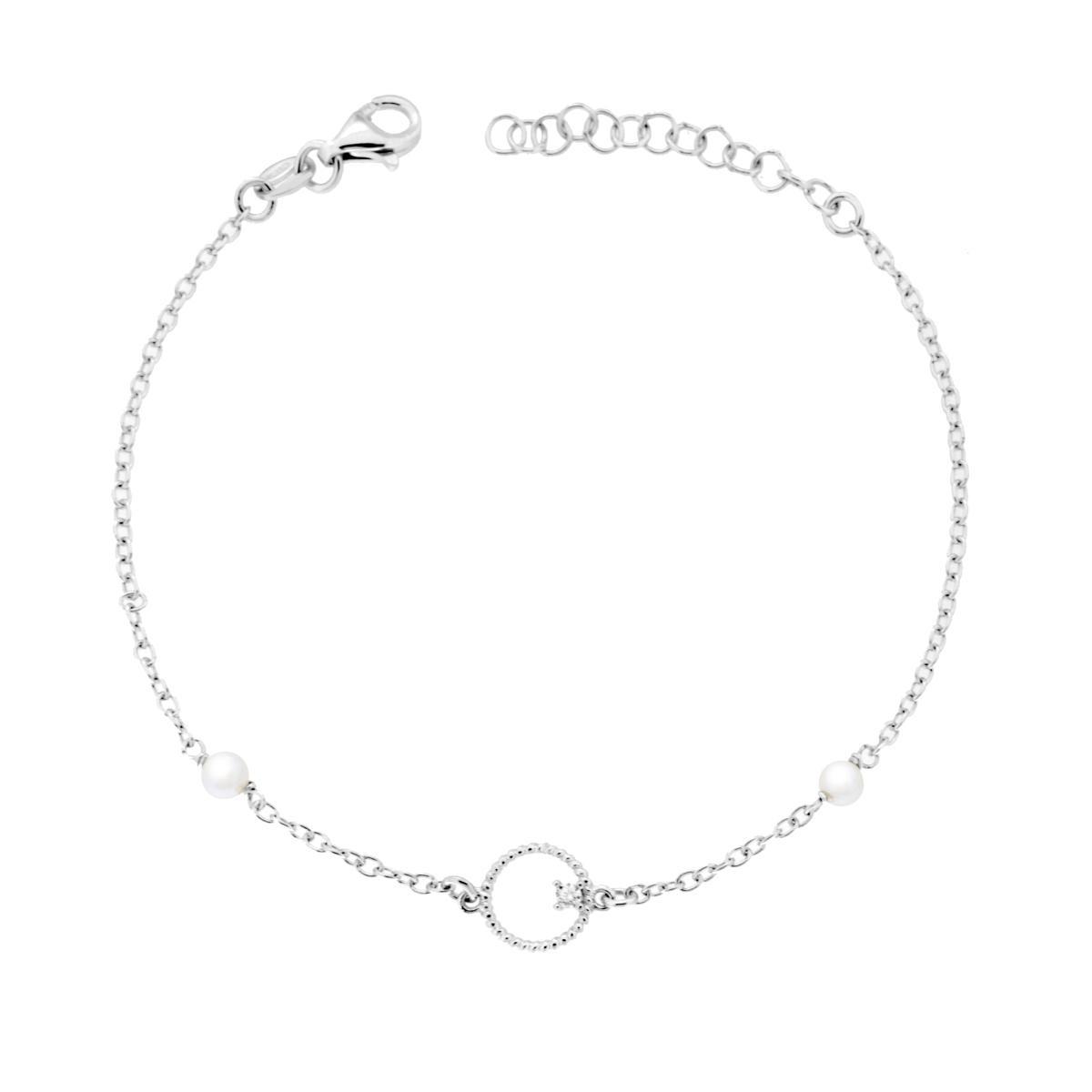 Bracciale Catena Forzatina Diamantata con Perle e Cerchio con Punto Luce Cubic Zirconia Bianco in ARGENTO 925 Galvanica Rodio<BR>