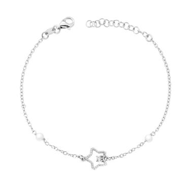 Bracciale Catena Forzatina Diamantata con Perle e Stella con Punto Luce Cubic Zirconia Bianco in ARGENTO 925 Galvanica Rodio<BR>